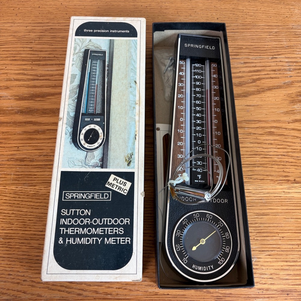 Springfield Vintage Indoor Outdoor Thermometer Humidity Meter Faux Wood USA